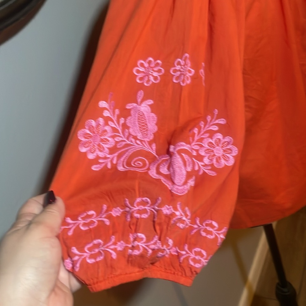 NICOLE MILLER Artelier Peasant Embroidered Orange Women's Top - Picture 6 of 8